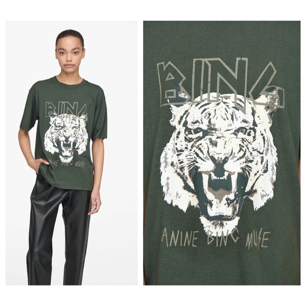 Anine Bing Olive Green Tiger Graphic Tee